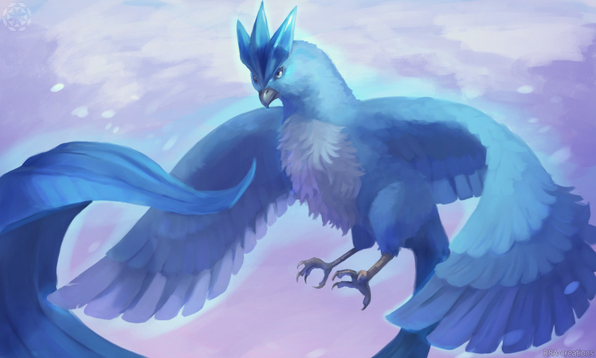 absurdres animal_focus articuno artist_logo bird blue_eyes claws closed_mouth cloud cloudy_sky commentary english_commentary flying full_body highres making-of_available outdoors pokemon pokemon_(creature) r8a-creations sky solo speedpaint spread_wings talons