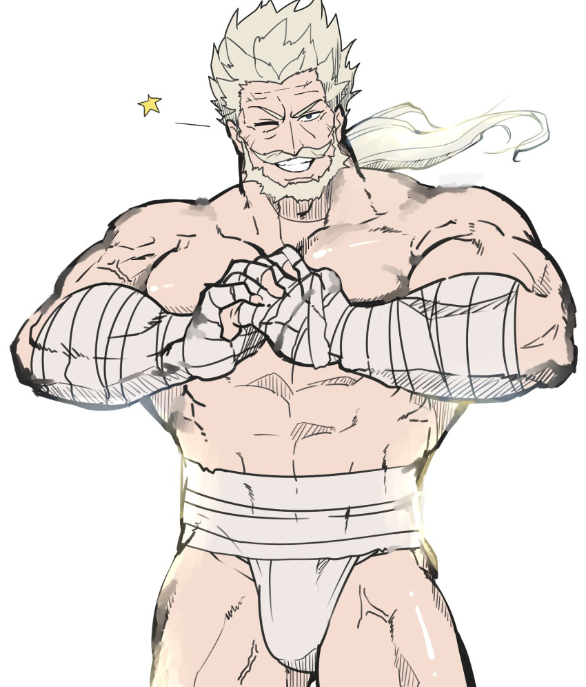 1boy abs bara beard cowboy_shot cracking_knuckles facial_hair full_beard fundoshi granblue_fantasy highres japanese_clothes large_pectorals male_focus mature_male midriff_sarashi muscular muscular_male mustache old old_man one_eye_closed pectorals sarashi scar sekigan_no_samurai_(gatu_1221) short_hair solo soriz standing strongman_waist thick_beard thighs topless_male wink_star wrinkled_skin