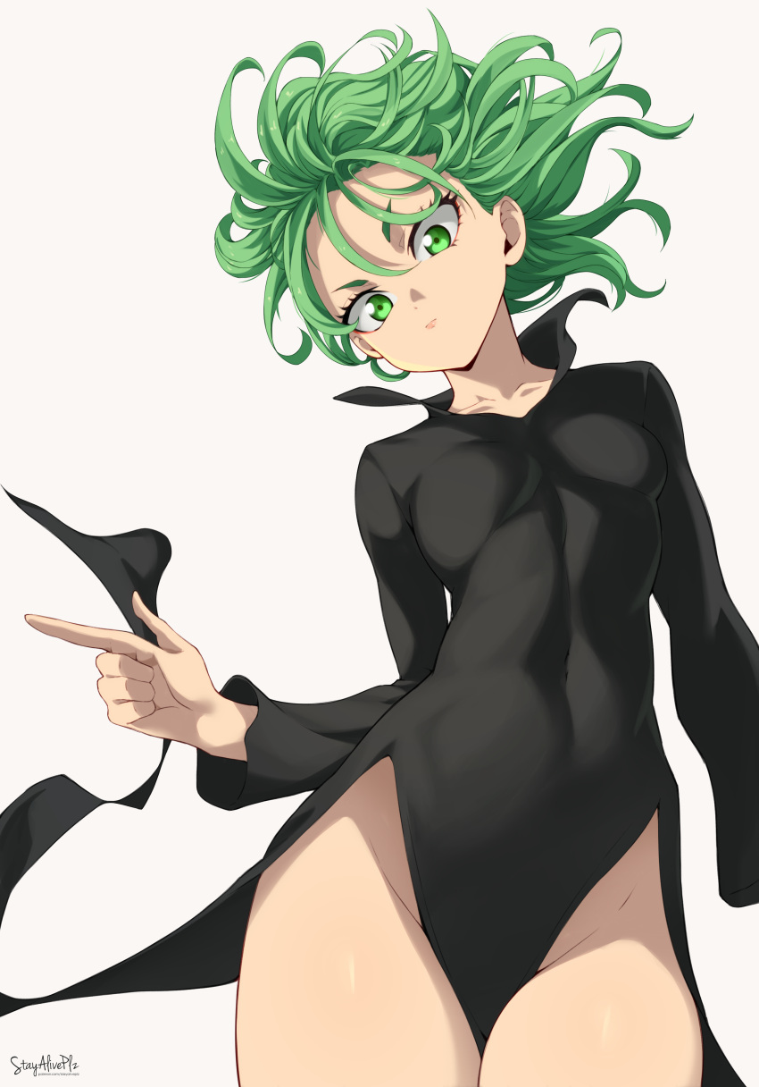 1girl absurdres black_dress blush breasts covered_navel curly_hair dress flipped_hair floating floating_clothes green_eyes green_hair highres long_sleeves looking_at_viewer medium_hair no_panties one-punch_man petite side_slit simple_background small_breasts solo stayaliveplz tatsumaki thighs white_background
