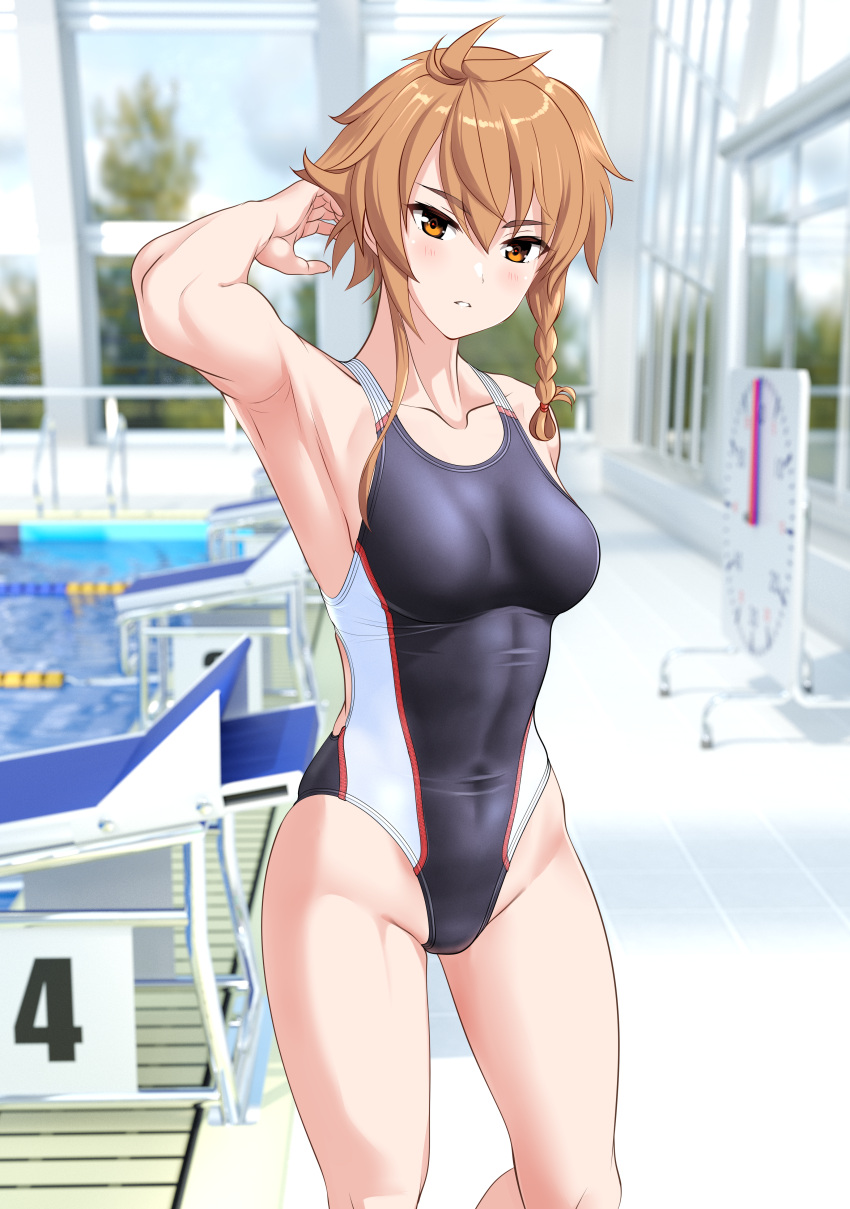 1girl absurdres asymmetrical_sidelocks black_one-piece_swimsuit braid breasts brown_eyes brown_hair commentary_request competition_swimsuit covered_navel cowboy_shot feet_out_of_frame groin hair_between_eyes highleg highleg_swimsuit highres indoors lane_line light_brown_hair medium_breasts one-piece_swimsuit parted_lips pool poolside shidou_maki_(toji_no_miko) short_hair short_hair_with_long_locks single_braid solo starting_block swimsuit takafumi toji_no_miko tomboy toned two-tone_swimsuit variant_set