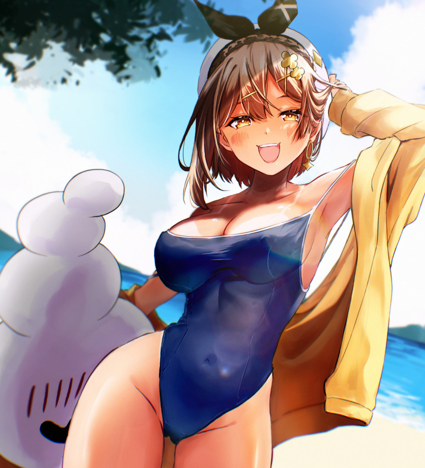 1girl adjusting_hair arm_up atelier_(series) atelier_ryza beach blue_sky blush breasts brown_eyes brown_hair cameltoe cleavage commentary_request competition_school_swimsuit covered_navel covered_nipples earrings facing_viewer happy highres jewelry kitsune_yuki large_breasts looking_at_viewer multiple_hairpins ocean off_shoulder open_mouth reisalin_stout school_swimsuit shiny_skin short_hair sideboob sky summer swimsuit tan tanlines thighs upper_body