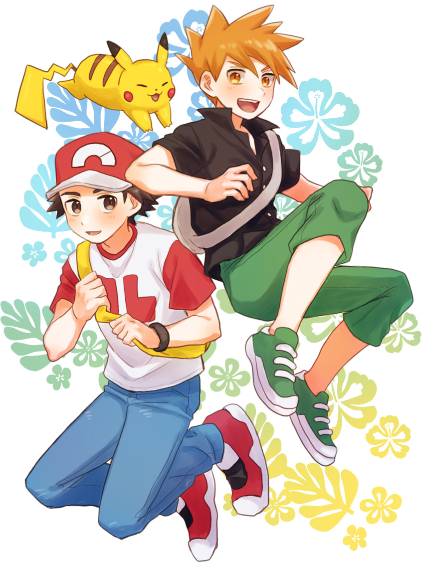 2boys :d blue_oak blue_pants brown_eyes brown_hair buttons collared_shirt commentary_request green_footwear green_pants hat highres holding_strap male_focus mochi_(mocchi_p_2m) multiple_boys open_mouth orange_hair pants pikachu pokemon pokemon_(creature) pokemon_sm red_(pokemon) red_footwear red_headwear shirt shoes short_hair short_sleeves smile sneakers spiked_hair t-shirt