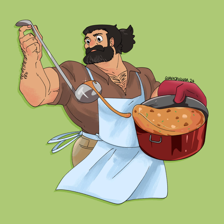 1boy alternate_costume alternate_hairstyle apron bara beard chest_hair_peek cooking cropped_legs dark-skinned_male dark_skin dungeon_meshi dwarf facial_hair full_beard guavajagular hairy highres long_beard looking_to_the_side male_focus mature_male muscular muscular_male pants pectoral_cleavage pectorals polo_shirt senshi_(dungeon_meshi) smile solo stew tareme thick_arm_hair thick_beard thick_eyebrows thick_mustache very_long_beard