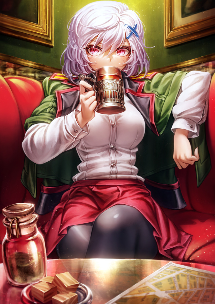 1girl arm_rest beer_mug black_pantyhose breasts buttons character_request copyright_request cup drinking food green_jacket hair_between_eyes hair_ornament highres holding holding_cup indoors jacket jar large_breasts light_particles long_sleeves looking_at_viewer map mug oyu_udon painting_(object) pantyhose pink_eyes plate purple_hair red_skirt shirt short_hair sitting skirt solo white_shirt x_hair_ornament