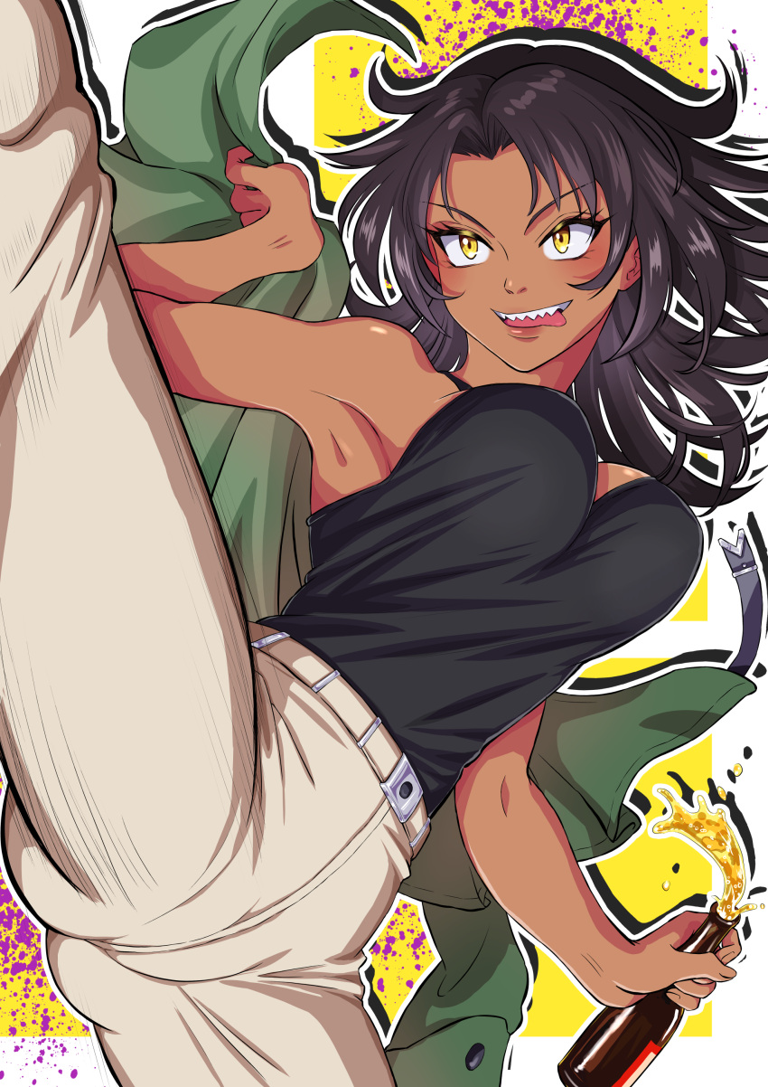 1girl absurdres anime_coloring armpits ass_visible_through_thighs bare_shoulders beer_bottle belt bouncing_breasts breasts brown_hair buttons commission dark-skinned_female dark_skin drunk green_jacket high_kick highres jacket kicking large_breasts licking_lips long_eyelashes long_hair messy_hair muhamuha-moon39 open_clothes open_jacket original outline paint_splatter pants sharp_teeth shiny_skin skeb_commission solo spilling spread_legs tan teeth thick_thighs thighs tight_clothes tight_pants tongue tongue_out upper_teeth_only veins white_background white_outline yellow_background yellow_eyes