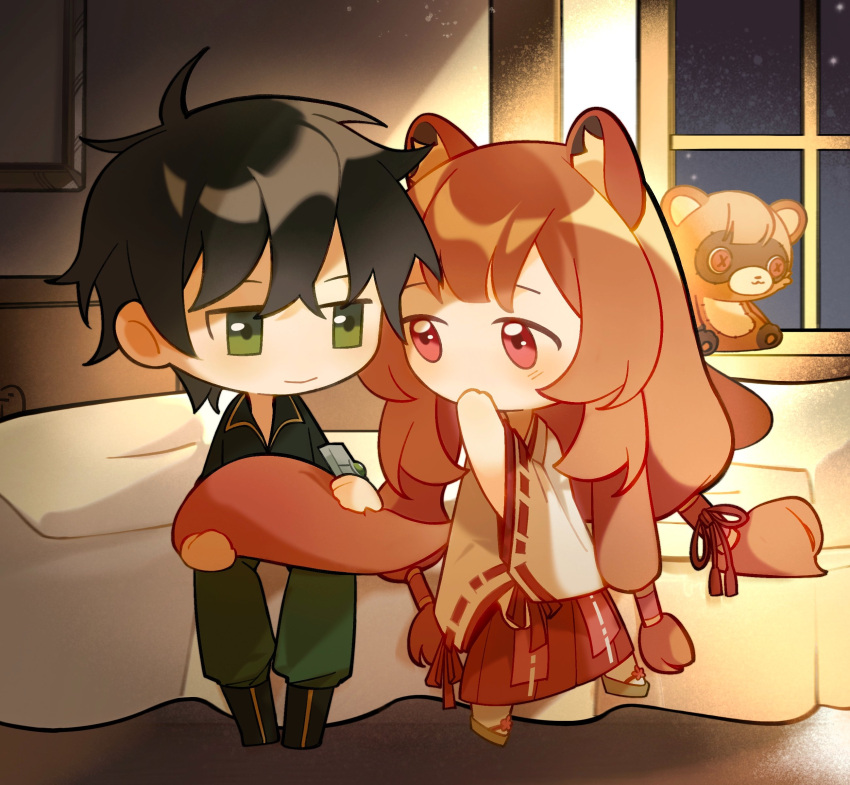 1boy 1girl absurdres animal_ears black_footwear black_hair blush brown_hair chibi commentary_request dice657523 geta green_eyes green_pants green_shirt hair_tubes hakama hakama_skirt hand_to_own_mouth highres indoors iwatani_naofumi japanese_clothes kosode long_hair long_sleeves looking_at_viewer miko night on_bed pants pillow raccoon_ears raccoon_girl raccoon_tail raph-chan raphtalia red_eyes red_hakama shield shirt short_hair sitting skirt smile socks stuffed_animal stuffed_toy tail tate_no_yuusha_no_nariagari white_socks window