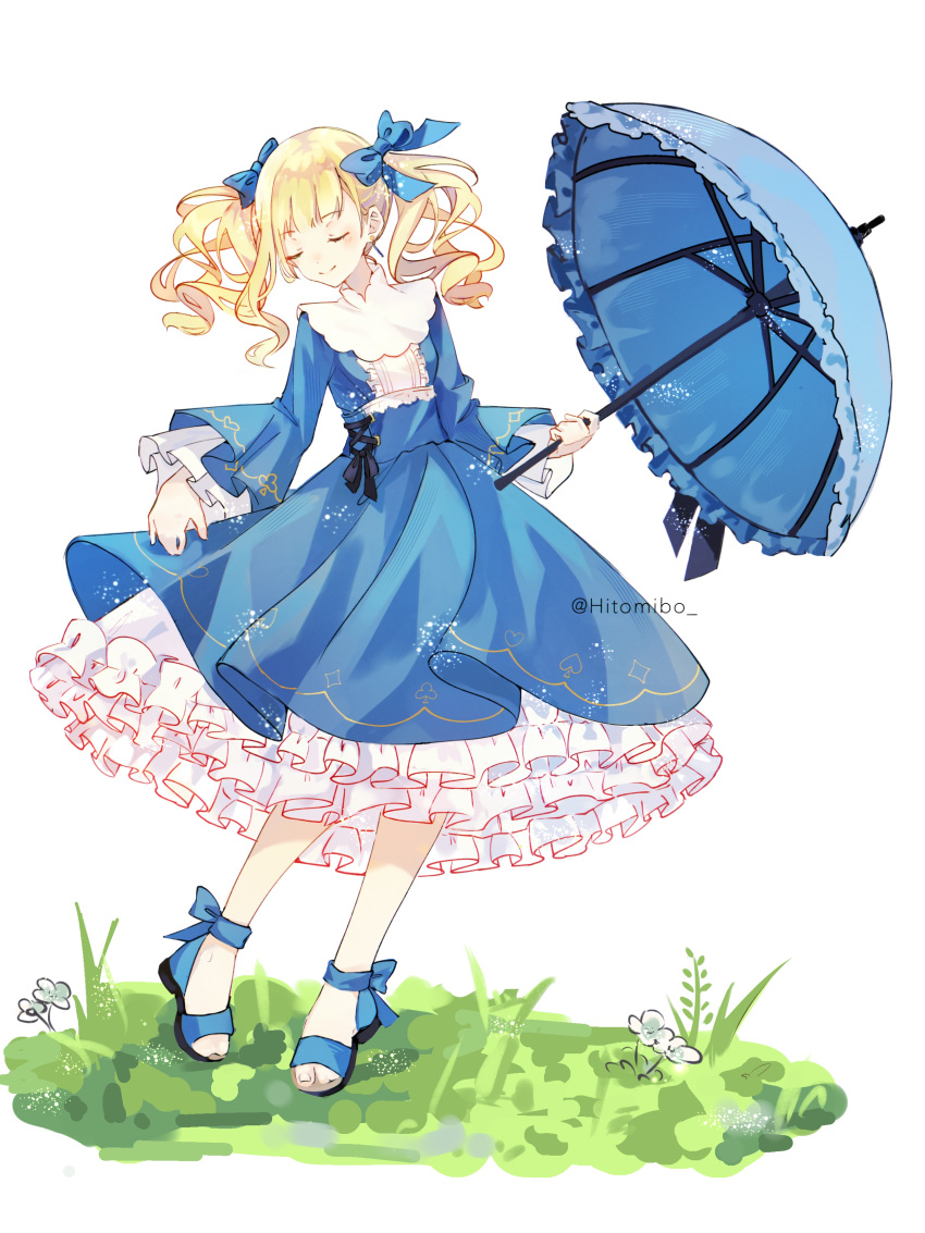 1girl absurdres black_ribbon blonde_hair blue_dress blue_ribbon blue_umbrella blunt_bangs closed_eyes closed_mouth dress earrings elizabeth_ethel_cordelia_midford flower frilled_dress frilled_sleeves frills grass hair_ribbon happy highres hitomibo holding holding_umbrella jewelry kuroshitsuji lolita_fashion long_hair ribbon sandals simple_background smile solo standing twintails twitter_username umbrella white_background white_flower wide_sleeves