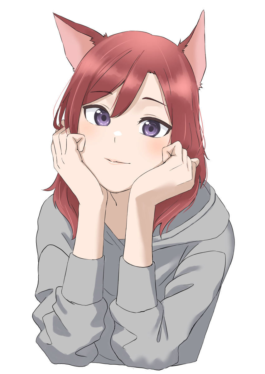 1girl absurdres animal_ears blush cat_ears closed_mouth commentary_request grey_hoodie hair_between_eyes hands_on_own_cheeks hands_on_own_face highres hood hoodie long_sleeves looking_at_viewer love_live! love_live!_school_idol_project medium_hair nishikino_maki purple_eyes red_hair s_sho_mkrn solo standing upper_body white_background