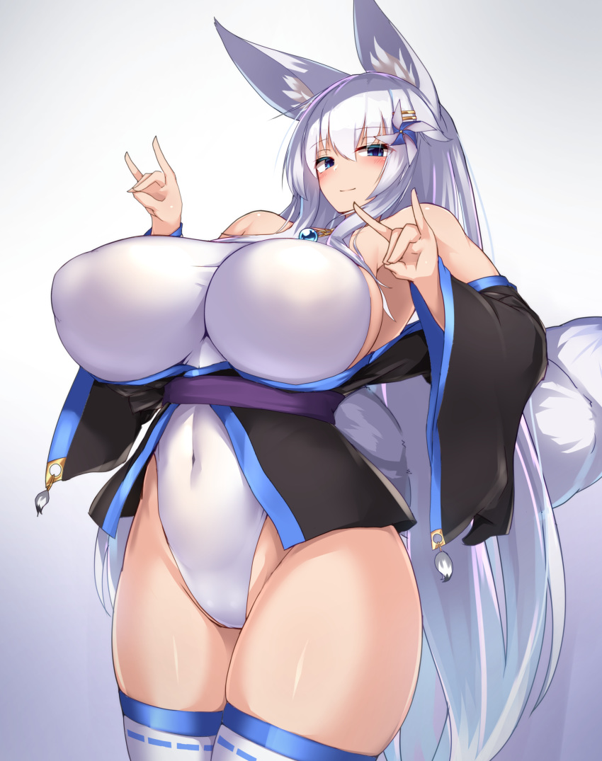 absurd_res accessory animal_humanoid armwear asian_clothing bare_shoulders big_breasts biped black_clothing black_topwear blue_eyes blush breasts camel_toe canid canid_humanoid canine canine_humanoid clothed clothing curvy_figure detached_sleeves east_asian_clothing female fox_humanoid fox_shadow_puppet fur gesture glistening glistening_body glistening_skin hair hair_accessory hi_res huge_breasts humanoid inner_ear_fluff japanese_clothing kimono legwear light_skin long_hair looking_at_viewer mammal mammal_humanoid mizuki_(kutan) monotone_body monotone_fur monotone_hair navel nipple_outline obi one-piece_swimsuit pinwheel simple_background smile solo standing swimwear thick_thighs thigh_highs tight_clothing topwear tuft tylwing voluptuous white_background white_body white_clothing white_fur white_hair white_swimwear white_topwear wide_hips