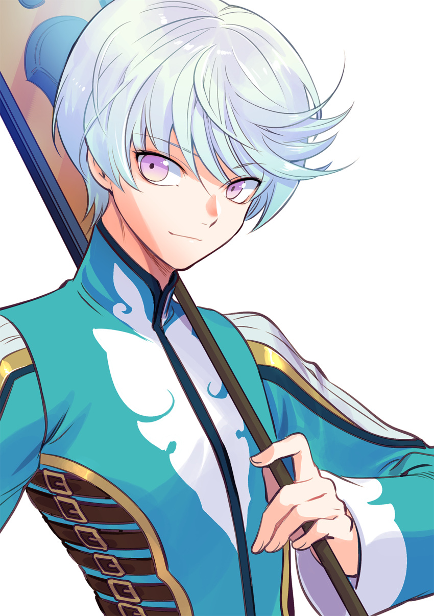 1boy bae_(baebae) grey_hair highres holding holding_staff light_smile looking_to_the_side male_focus mikleo_(tales) purple_eyes short_hair solo staff swept_bangs tales_of_(series) tales_of_zestiria upper_body white_background