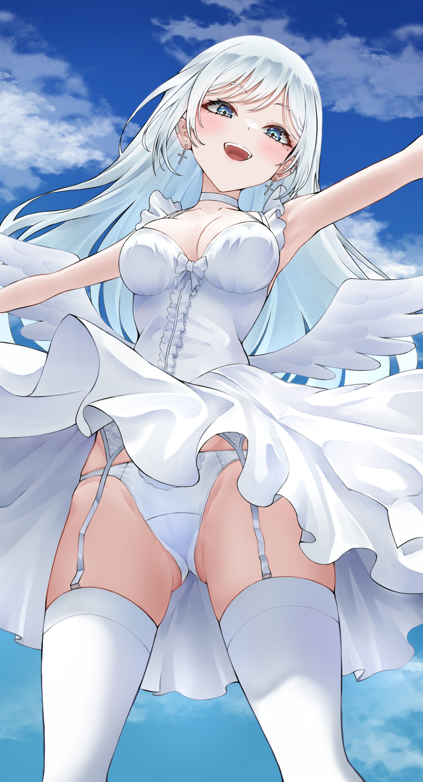 1girl absurdres angel_wings ass_visible_through_thighs blue_eyes blue_sky blush breasts choker cloud cloudy_sky cross cross_earrings dress earrings feet_out_of_frame garter_straps highres jewelry lds_(dstwins97) long_hair looking_at_viewer medium_breasts mole mole_under_eye open_mouth original outdoors outstretched_arms panties pantyshot sky solo teeth thighhighs underwear upper_teeth_only white_choker white_dress white_hair white_panties white_thighhighs wings