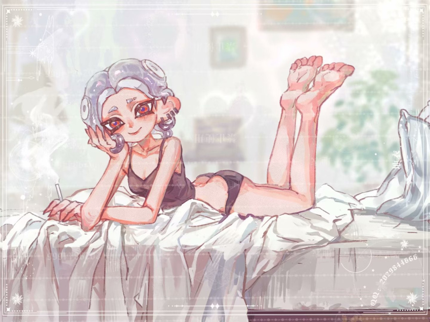 1girl ass bare_arms bare_legs bare_shoulders barefoot black_camisole black_panties blue_pupils breasts butt_crack camisole chinese_commentary cigarette cleavage closed_mouth collarbone earrings eyebrow_cut feet grey_hair hand_up jewelry lying multiple_earrings octoling octoling_girl octoling_player_character on_bed on_stomach panties red_eyes short_hair small_breasts smile solo splatoon_(series) suction_cups tentacle_hair thenintlichen96 underwear