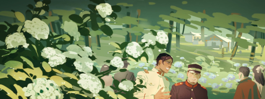 2girls 4boys blue_flower brown_eyes brown_hair brown_jacket building chengongzi123 closed_eyes dark-skinned_male dark_skin facial_hair flower goatee_stubble golden_kamuy green_background hand_up hat highres hydrangea jacket koito_otonoshin long_sleeves looking_at_another military_hat military_uniform multiple_boys multiple_girls open_mouth short_hair stubble tree tsukishima_hajime uniform upper_body very_short_hair white_flower wide_shot