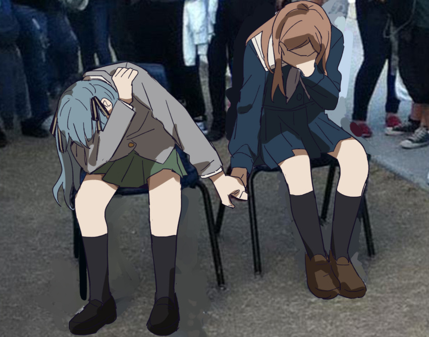 2girls bang_dream! bang_dream!_it's_mygo!!!!! black_footwear black_ribbon black_socks blazer blue_hair blue_serafuku blue_shirt blue_skirt brown_hair chair coldcat. commentary embarrassed green_skirt grey_jacket grey_neckerchief hair_ribbon hand_on_own_face haneoka_school_uniform humiliation_for_two_male_high_school_students_as_they_are_forced_to_hold_hands_as_a_punishment_for_fighting_(meme) jacket jpeg_artifacts kneehighs loafers long_hair long_sleeves meme multiple_girls nagasaki_soyo neckerchief on_chair outdoors people photoshop_(medium) pleated_skirt puffy_sleeves ribbon sailor_collar school_uniform serafuku shirt shoes sidelocks sitting skirt socks togawa_sakiko tsukinomori_school_uniform white_sailor_collar white_shirt yuri