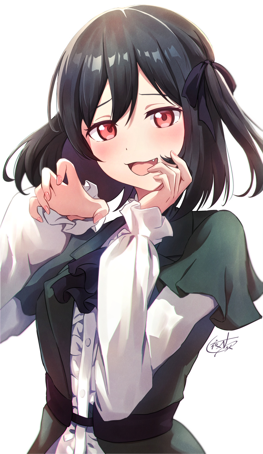 1girl absurdres black_hair blush center_frills claw_pose commentary_request dress fang fingernails frilled_dress frills furrowed_brow green_jacket hair_ribbon hand_on_own_cheek hand_on_own_face highres jacket koufukuron_(love_live!) long_sleeves looking_at_viewer love_live! love_live!_nijigasaki_high_school_idol_club mifune_shioriko one_side_up open_mouth red_eyes ribbon short_hair signature smug solo upper_body white_background yatoroku