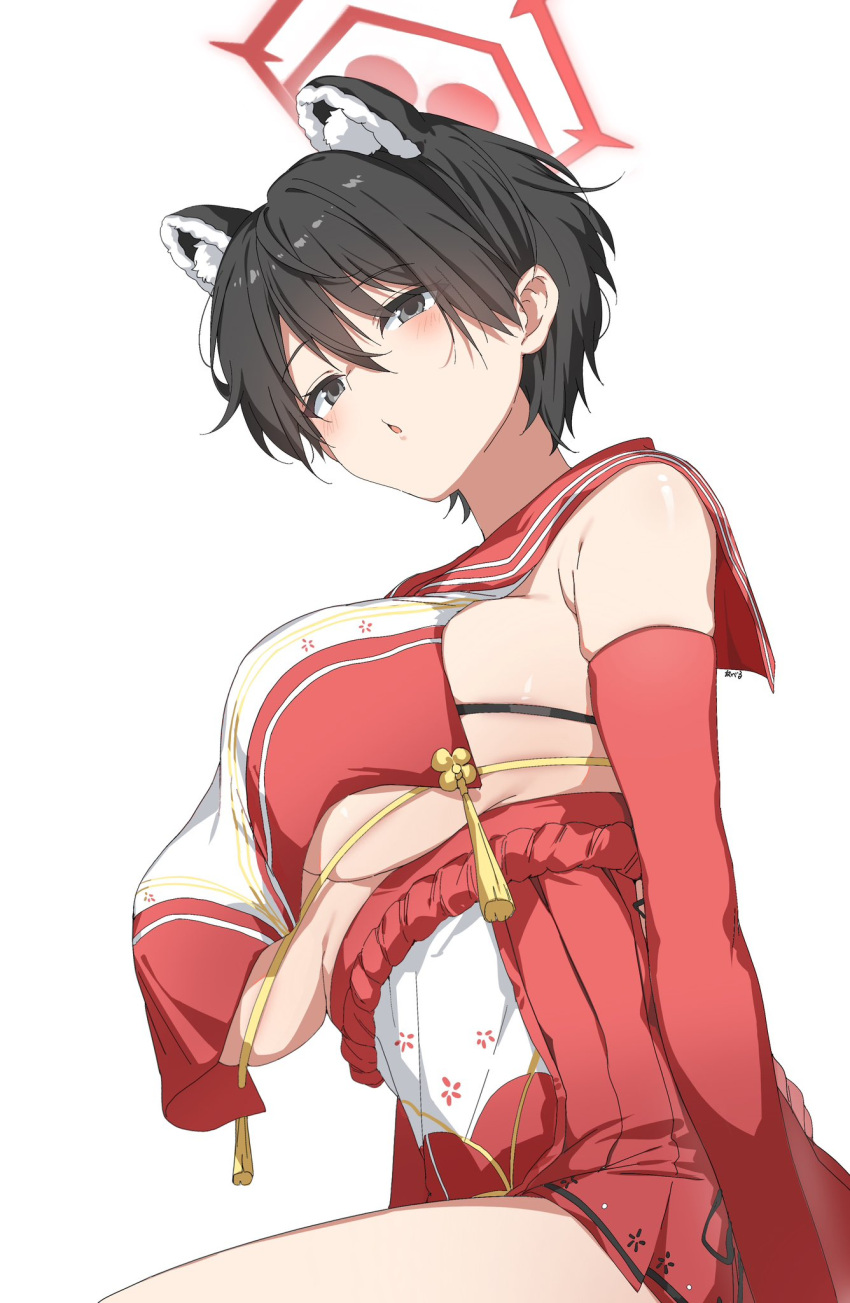 1girl :o animal_ear_fluff animal_ears bear_ears bear_girl black_eyes black_hair blue_archive blush breast_curtains breasts commentary elbow_gloves from_below gloves halo high-waist_skirt highres large_breasts looking_at_viewer open_mouth red_gloves red_halo red_sailor_collar red_skirt rope sailor_collar shimenawa short_hair simple_background skirt solo symbol-only_commentary tsubaki_(blue_archive) very_short_hair white_background you_guo_chaocai