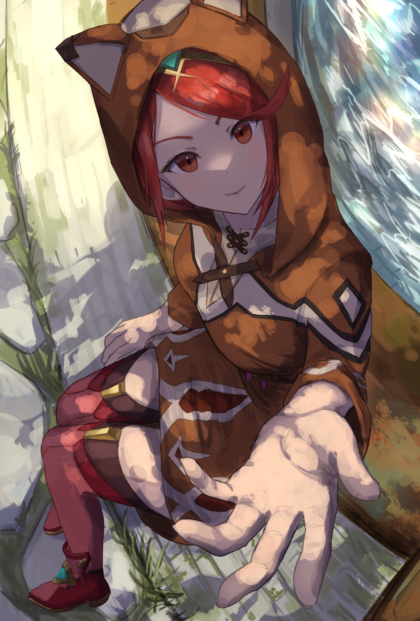 1girl absurdres animal_hood brown_hood brown_hoodie closed_mouth commentary_request dappled_sunlight disguised_pyra_(xenoblade) highres hood hood_up hoodie looking_at_viewer outdoors outstretched_arm outstretched_hand perspective ponaponyo pyra_(xenoblade) raccoon_hood red_eyes red_footwear red_hair red_thighhighs short_hair sitting smile solo sunlight swept_bangs thighhighs tiara xenoblade_chronicles_(series) xenoblade_chronicles_2