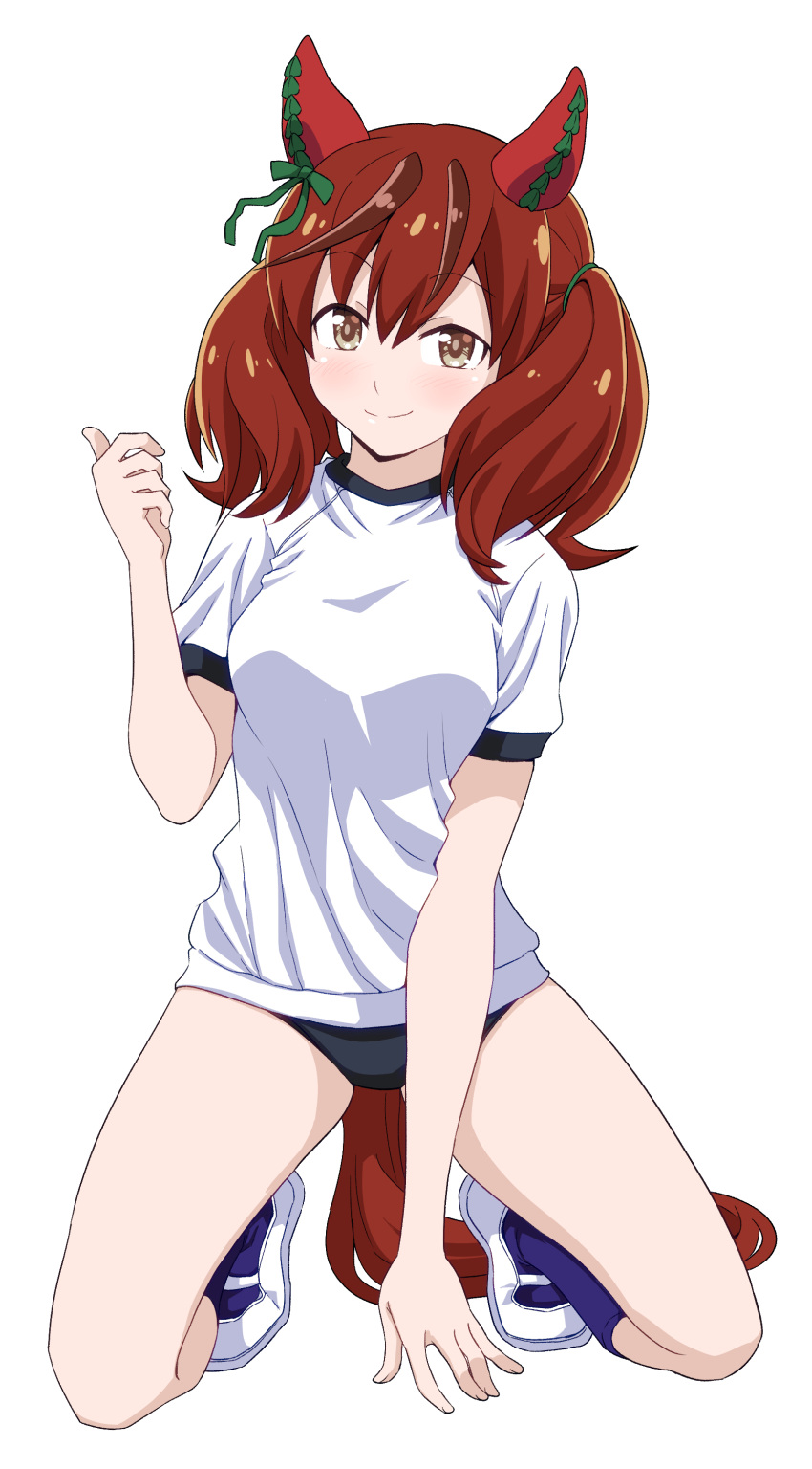 1girl absurdres animal_ears black_buruma blue_socks brown_eyes brown_hair buruma closed_mouth commentary ear_covers full_body gym_shirt gym_uniform hair_tie highres horse_ears horse_girl horse_tail kneeling looking_at_viewer medium_hair multicolored_hair nice_nature_(umamusume) ponzu_rui shirt shoes short_sleeves simple_background smile socks solo streaked_hair t-shirt tail thumbs_up twintails umamusume uwabaki white_background white_footwear white_shirt