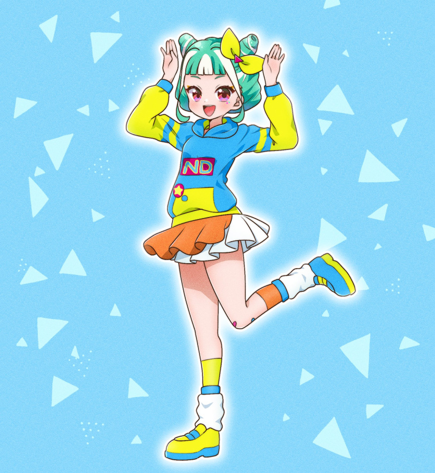 1girl :d arms_up blue_background blue_hoodie blunt_bangs bow chii_(chi_pppuri) chimumu commentary_request cone_hair_bun cosplay double_bun full_body green_hair hair_bow hair_bun highres hood hood_down hoodie idol_time_pripara leg_warmers long_sleeves looking_at_viewer multicolored_hair nijiiro_nino nijiiro_nino_(cosplay) open_mouth orange_skirt pretty_series pripara shoes short_hair sidelocks skirt smile solo standing standing_on_one_leg streaked_hair waccha_primagi! white_hair yellow_bow yellow_footwear