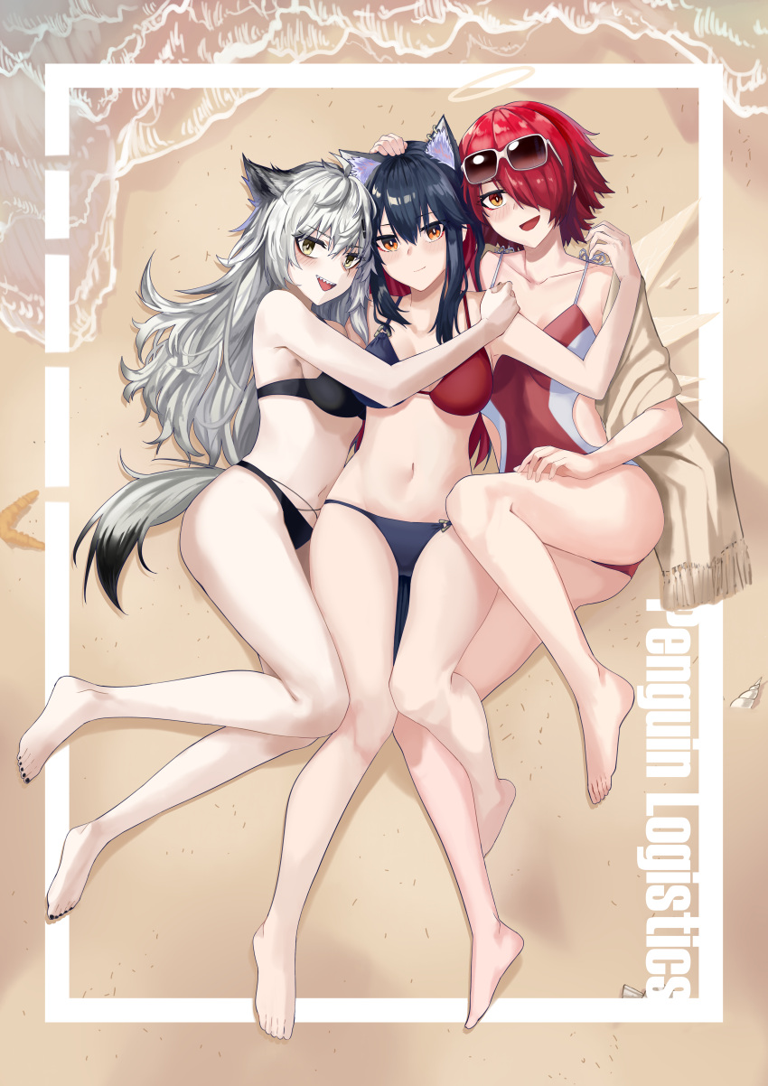 3girls absurdres animal_ears arknights bare_arms bare_legs barefoot beach black_hair border breasts day dierbeibanjia exusiai_(arknights) grey_hair group_hug highres hug lappland_(arknights) lying medium_breasts multiple_girls navel on_back one-piece_swimsuit penguin_logistics_logo red_hair sand small_breasts swimsuit tail teeth texas_(arknights) upper_teeth_only waves white_border wolf_ears wolf_girl wolf_tail