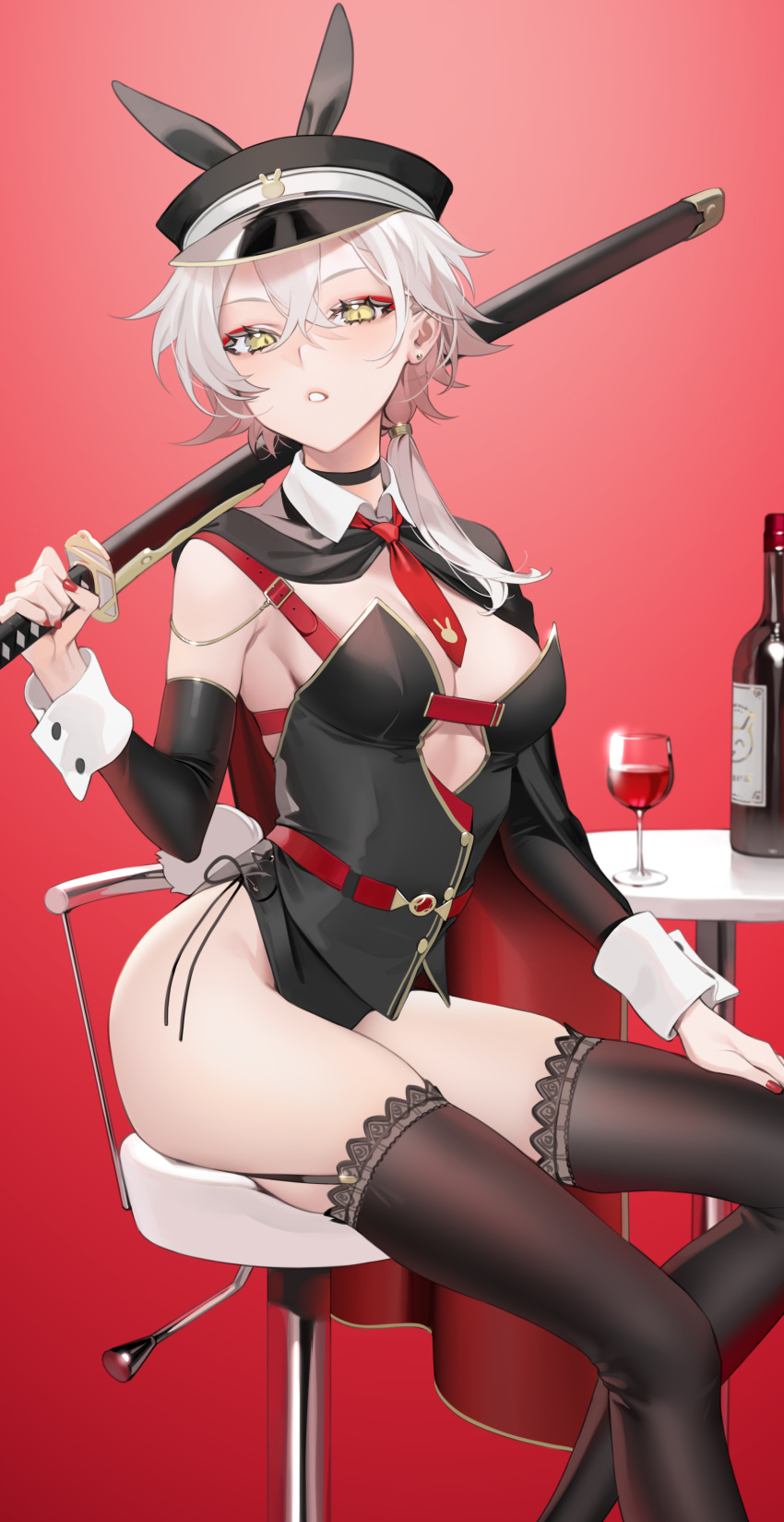 1girl absurdres alcohol azur_lane bangs bare_shoulders black_cape black_headwear black_legwear black_leotard bottle breasts cape cup detached_sleeves drinking_glass hair_between_eyes highres holding kinu_(azur_lane) leotard looking_at_viewer medium_breasts ohisashiburi over_shoulder red_cape short_hair sitting smile solo sword thighhighs two-tone_cape weapon weapon_over_shoulder wine wine_bottle wine_glass