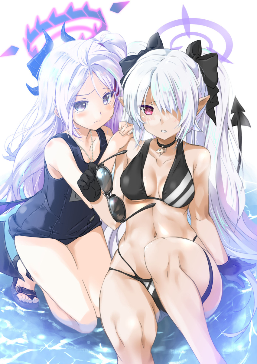 2girls bikini black_bikini blue_archive blush breasts choker grey_eyes halo highres hina_(blue_archive) hina_(swimsuit)_(blue_archive) iori_(blue_archive) iori_(swimsuit)_(blue_archive) komatsu_eiji long_hair looking_at_viewer multiple_girls one-piece_swimsuit pink_eyes pointy_ears sitting small_breasts sunglasses swimsuit unworn_eyewear white_hair