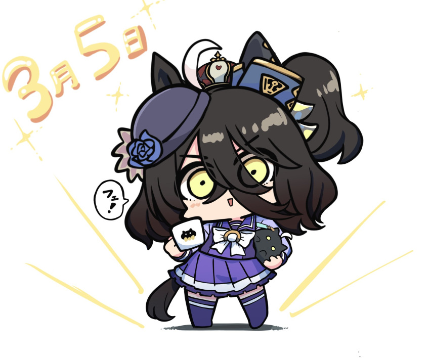 1girl adapted_costume animal_ears animal_print aston_machan_(umamusume) aston_machan_(umamusume)_(cosplay) birthday_connection black_hair blue_headwear borrowed_hairstyle bow bowtie cat_print chibi commentary_request cosplay creature crown cup dated ear_covers ears_through_headwear eyes_visible_through_hair fascinator full_body hair_between_eyes hat highres holding holding_creature holding_cup horse_ears horse_girl horse_tail kawamochi_(tddm3573) long_bangs long_hair long_sleeves looking_at_viewer manhattan_cafe_(umamusume) medium_hair mini_crown mini_hat mug pleated_skirt purple_headwear purple_sailor_collar purple_shirt purple_skirt purple_thighhighs rice_shower_(umamusume) rice_shower_(umamusume)_(cosplay) sailor_collar sailor_shirt school_uniform shadow shirt side_ponytail single_ear_cover skirt solo_focus speech_bubble standing sunday_silence_(racehorse) tail thighhighs tilted_headwear tracen_school_uniform translated umamusume verxina_(umamusume) verxina_(umamusume)_(cosplay) very_long_hair white_bow white_bowtie winter_uniform yellow_eyes
