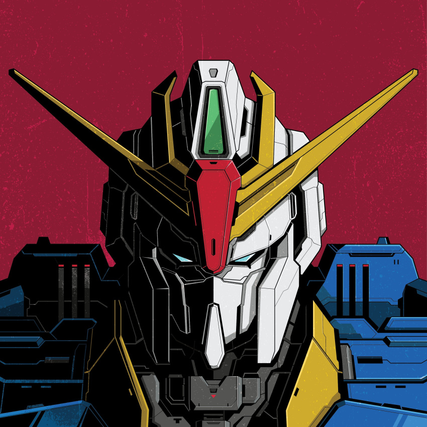 absurdres blue_eyes gundam highres looking_at_viewer mecha mecha_focus mobile_suit no_humans portrait red_background robot science_fiction solo straight-on v-fin voxiela zeta_gundam zeta_gundam_(mobile_suit)