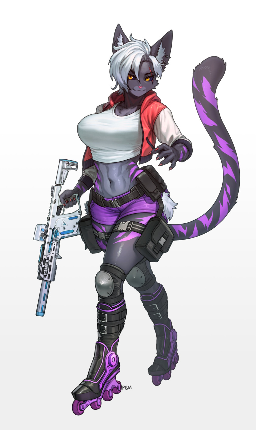 2024 absurd_res anthro belt big_breasts black_sclera bottomwear breasts chest_tuft clothing eye_scar eyebrows facial_scar felid feline female fur grey_body grey_fur gun hair hi_res hotpants inner_ear_fluff knee_pads looking_at_viewer mammal midriff navel pgm300 pouches ranged_weapon roller_skates scar shorts solo submachine_gun thigh_pouch topwear tuft vest weapon white_hair yellow_eyes