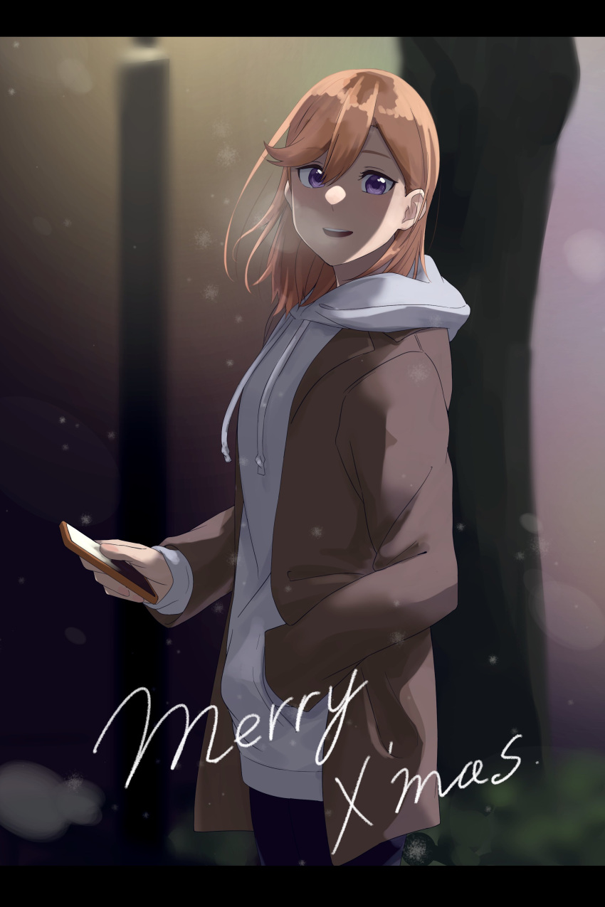 1girl absurdres brown_jacket cellphone commentary_request grey_hoodie hand_in_pocket highres holding holding_phone hood hoodie jacket long_sleeves looking_at_viewer love_live! love_live!_superstar!! medium_hair merry_christmas open_clothes open_jacket open_mouth orange_hair outdoors phone purple_eyes s_sho_mkrn shibuya_kanon smartphone solo standing steam upper_body
