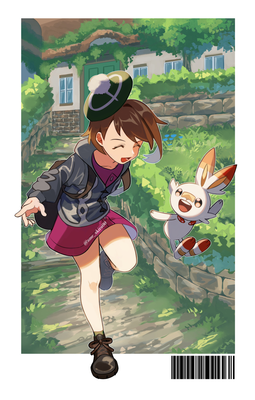 1girl :d absurdres ame_akira brown_footwear brown_hair building cardigan closed_eyes collared_dress commentary_request day door dress gloria_(pokemon) green_headwear grey_cardigan hat highres hooded_cardigan knees leg_up open_mouth outdoors pokemon pokemon_(creature) pokemon_swsh scorbunny shoes short_hair smile socks tam_o'_shanter window