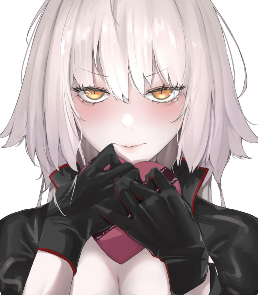 1girl black_gloves black_jacket blush box breasts cleavage closed_mouth fate/grand_order fate_(series) gift gift_box gloves grey_hair hands_up heart-shaped_box highres holding holding_gift jacket jeanne_d'arc_alter_(fate) lips long_hair looking_at_viewer loose_hair_strand portrait ri_o_ne_su simple_background slit_pupils solo sweat valentine white_background yellow_eyes
