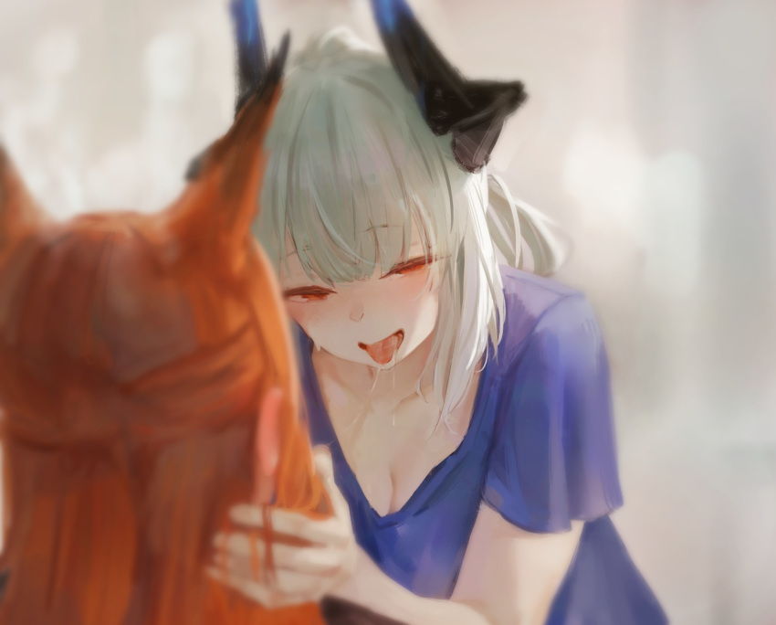 2girls after_kiss animal_ears arknights blue_shirt blurry blurry_foreground blush breasts cleavage commentary depth_of_field english_commentary fox_ears franka_(arknights) half-closed_eyes hands_on_another's_head highres horns large_breasts liskarm_(arknights) long_hair multiple_girls noccu orange_hair red_eyes saliva saliva_trail shirt short_sleeves solo_focus tongue tongue_out yuri