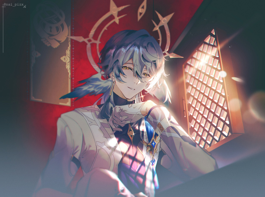 1boy feathered_wings gloves grey_hair hair_between_eyes halo hand_up head_wings highres honkai:_star_rail honkai_(series) long_sleeves looking_at_viewer male_focus medium_hair nai_pizx shadow solo sunday_(honkai:_star_rail) sunlight upper_body white_gloves wings yellow_eyes