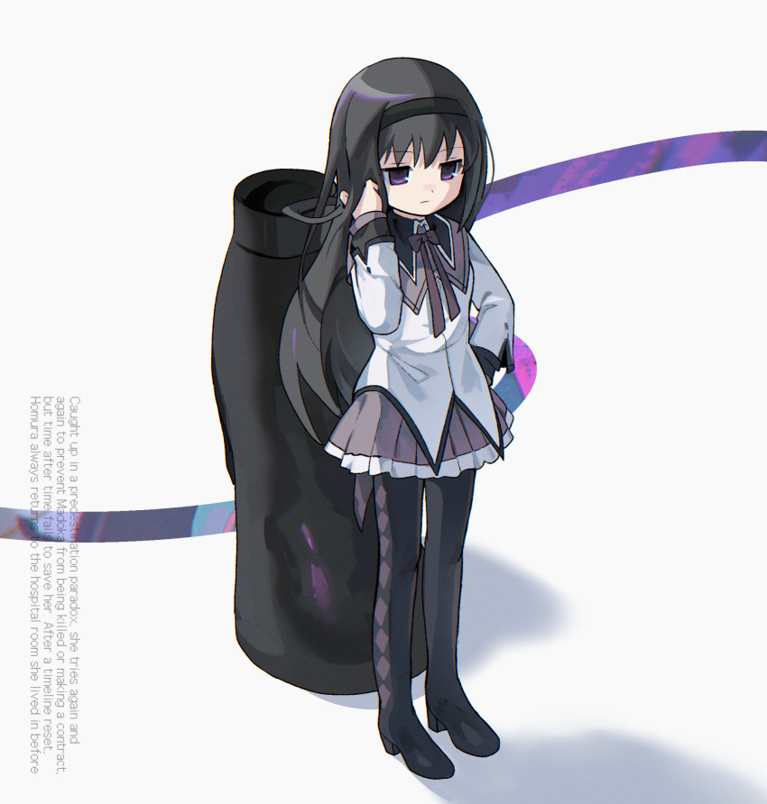 1girl akemi_homura argyle_clothes argyle_legwear black_footwear black_hair black_hairband english_text expressionless frilled_skirt frills from_above hairband hand_in_own_hair hand_on_own_hip highres long_hair long_sleeves looking_down mahou_shoujo_madoka_magica mahou_shoujo_madoka_magica_(anime) morizo_(morizoshop) pantyhose pleated_skirt purple_eyes purple_ribbon ribbon shirt simple_background skirt solo white_shirt