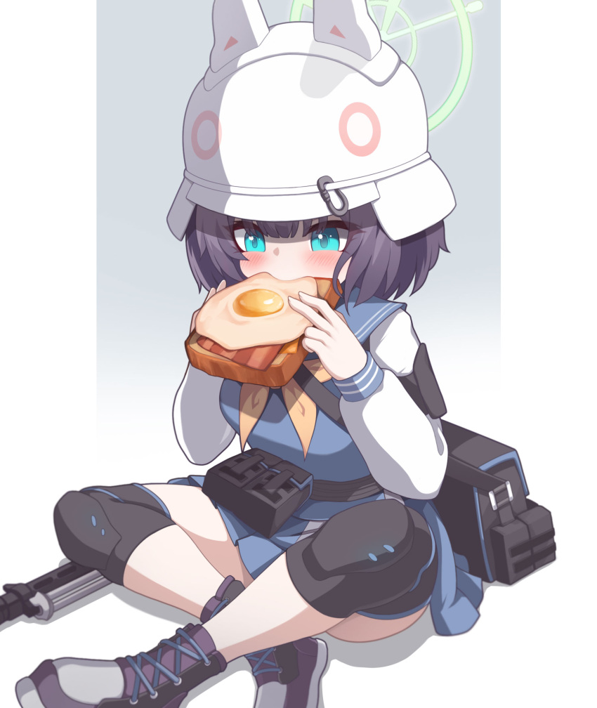 1girl ammunition_belt animal_ears aqua_eyes bacon bag black_bag blue_archive blue_halo blue_sailor_collar blue_serafuku blue_skirt blunt_bangs boots bread bread_slice crossed_legs fake_animal_ears food fried_egg fuyu_no_usagi gradient_background halo helmet highres knee_pads light_blush neckerchief pleated_skirt purple_footwear purple_hair rabbit_ears sailor_collar saki_(blue_archive) school_uniform serafuku shirt short_hair shoulder_bag sidelocks simple_background sitting skirt two-tone_background weapon white_headwear white_shirt yellow_neckerchief