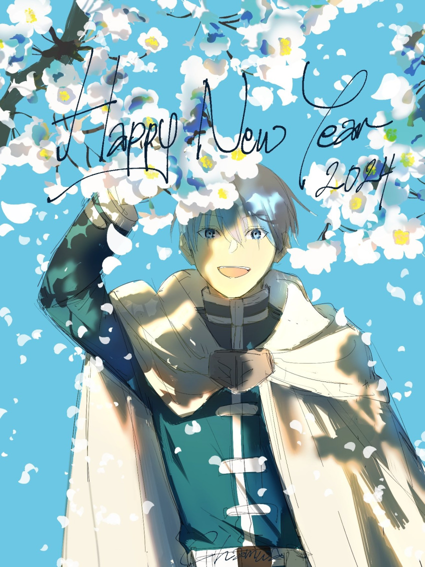 1boy 2024 arm_up blue_background blue_eyes blue_hair blue_jacket branch capelet chamwa commentary day english_commentary english_text flower happy_new_year highres himmel_(sousou_no_frieren) jacket long_sleeves looking_at_viewer male_focus open_mouth outdoors short_hair simple_background smile solo sousou_no_frieren upper_body white_capelet white_flower