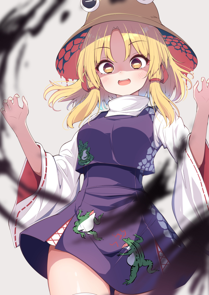 1girl absurdres animal_print blonde_hair blurry blurry_foreground blush breasts brown_headwear commentary_request cowboy_shot darkness darumoon detached_sleeves frog_print grey_background highres looking_at_viewer medium_breasts moriya_suwako open_mouth purple_skirt rectangular_pupils ribbon-trimmed_sleeves ribbon_trim sidelocks simple_background skirt solo thighs touhou turtleneck wide_sleeves yellow_eyes