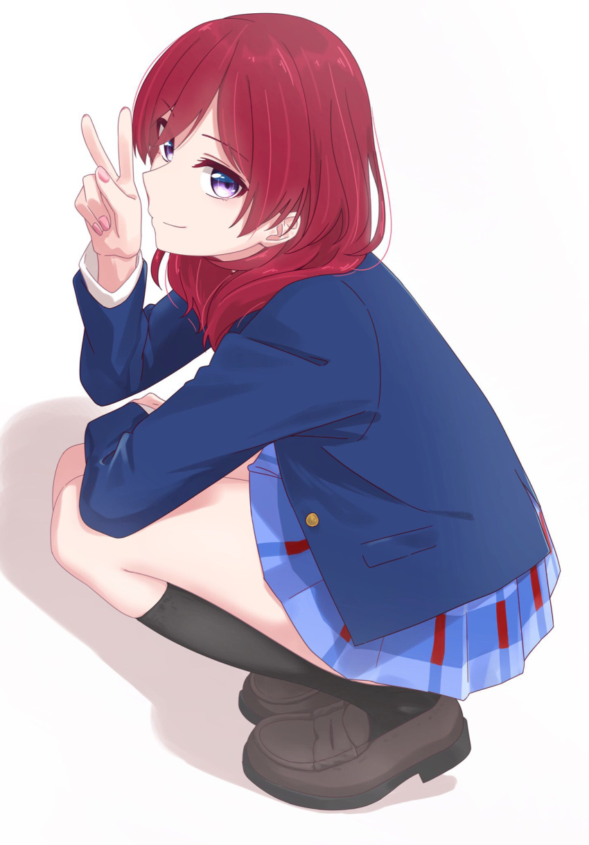 1girl black_socks blue_jacket blue_skirt brown_footwear closed_mouth english_commentary highres jacket loafers long_sleeves looking_at_viewer love_live! love_live!_school_idol_project medium_hair nishikino_maki otonokizaka_school_uniform plaid plaid_skirt pleated_skirt purple_eyes red_hair s_sho_mkrn school_uniform shadow shoes skirt socks solo squatting v white_background winter_uniform