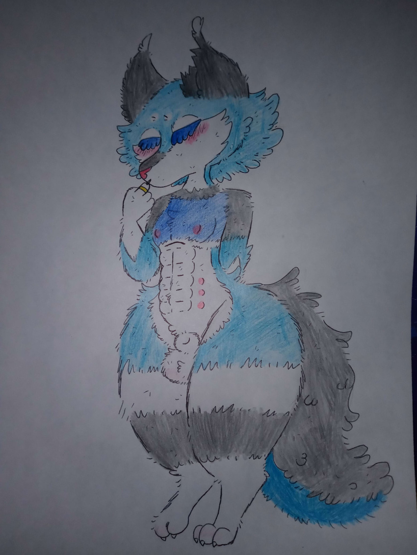3:4 abs absurd_res animal_humanoid anthro balls black_body black_fur blue_body blue_fur canid canid_humanoid canine canine_humanoid canis chris_(beastbeans) colored ears_up eyelashes fluffy fluffy_tail fur genitals hair hi_res humanoid male mammal mammal_humanoid multi_nipple nipples nude ring sosu-the-blue-wolf tail white_body white_fur wolf wolf_humanoid wolf_tail
