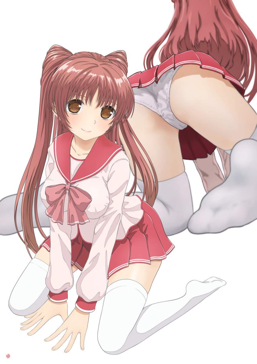 1girl absurdres ass blush breasts brown_eyes commission highres kneeling kousaka_tamaki large_breasts light_blush long_hair long_sleeves looking_at_viewer miniskirt mtu_virus multiple_views nao_suke panties pantyshot pleated_skirt red_hair red_sailor_collar red_skirt sailor_collar school_uniform serafuku skeb_commission skirt smile solo thighhighs to_heart_(series) to_heart_2 underwear uniform white_background white_panties white_thighhighs