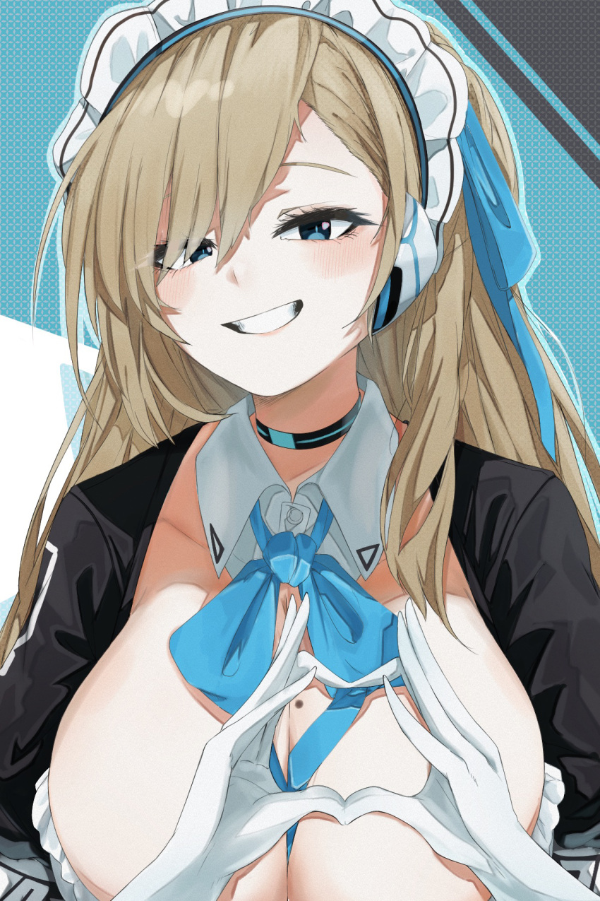 1girl asuna_(blue_archive) asymmetrical_bangs blonde_hair blue_archive blue_eyes blue_ribbon blush breasts choker cleavage collar commentary detached_collar gloves grin hair_ribbon heart heart_hands highres huge_breasts long_hair looking_at_viewer maid_headdress mole mole_on_breast neck_ribbon outline ribbon smile solo white_gloves yuindesu