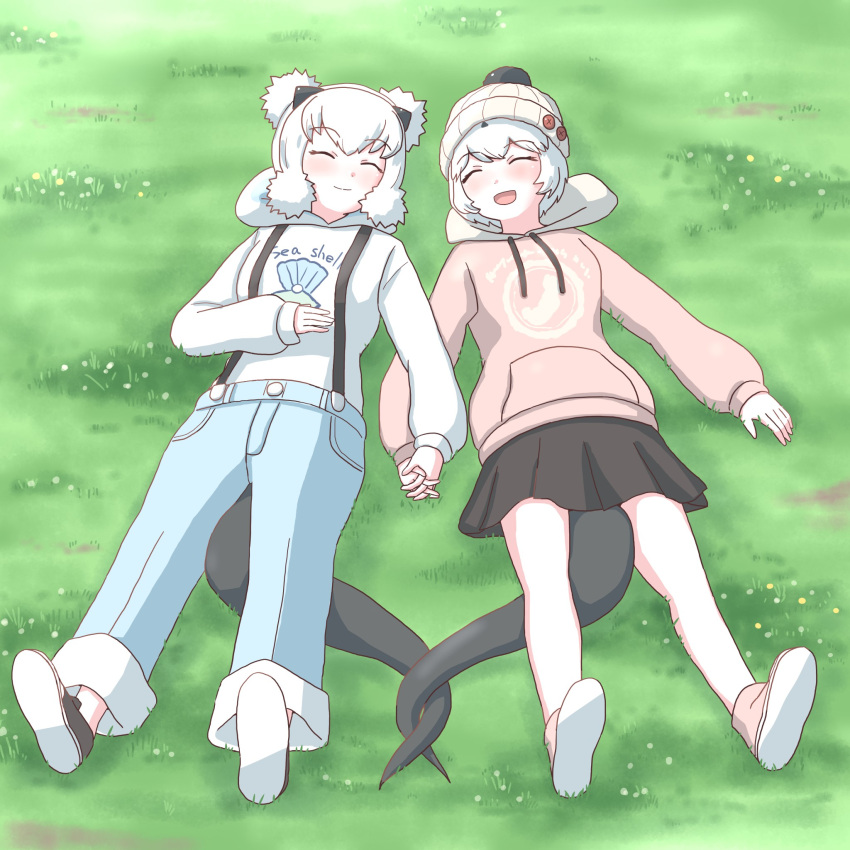 2girls alaskan_sea_otter_(kemono_friends) animal_ears beanie black_footwear black_skirt blue_pants blush californian_sea_otter_(kemono_friends) denim double_bun grey_hair hair_between_eyes hair_bun hat highres holding_hands hood hood_down hoodie jeans kemono_friends kemono_friends_3 long_sleeves lying mukouyama_mu multicolored_hair multiple_girls official_alternate_costume on_back on_grass open_mouth otter_ears otter_girl otter_tail pants pink_footwear pink_hoodie pleated_skirt shoes short_hair sidelocks skirt smile sneakers suspenders tail tail_wrap white_hair white_headwear white_hoodie