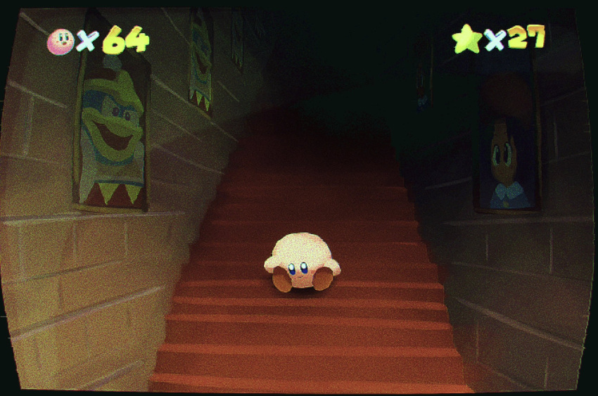 adeleine blue_eyes blush blush_stickers closed_mouth dark gameplay_mechanics hallway highres indoors king_dedede kirby kirby_(series) mario_(series) no_humans picture_frame sitting sitting_on_stairs smile solo stairs star_(symbol) super_mario_64 suyasuyabi