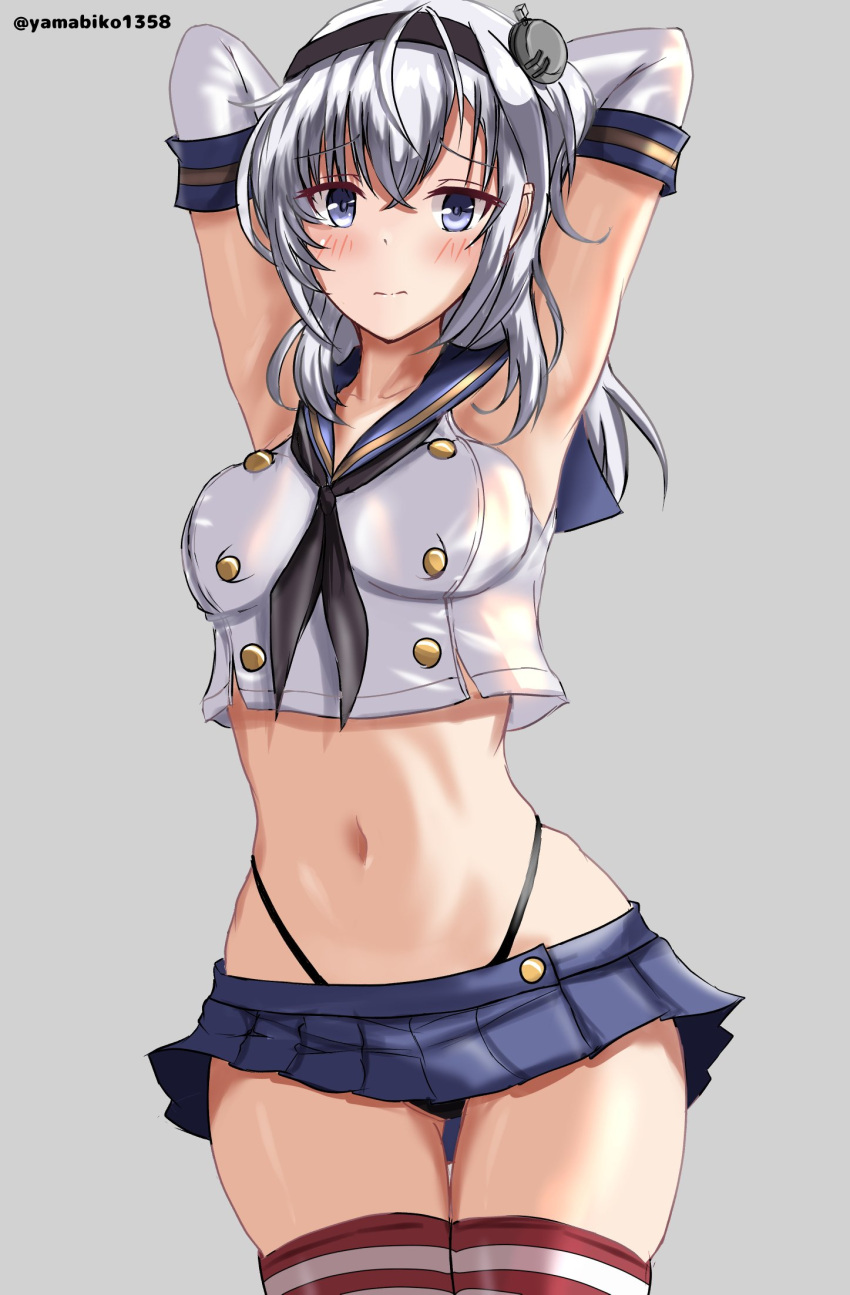 1girl arms_behind_head black_hairband black_neckerchief black_panties blue_sailor_collar blue_skirt cosplay crop_top elbow_gloves gloves grey_background grey_eyes grey_hair hairband highleg highleg_panties highres kantai_collection looking_at_viewer medium_hair microskirt miniskirt mizuki_(uzuki_no_sato) neckerchief one-hour_drawing_challenge panties pleated_skirt sailor_collar shimakaze_(kancolle) shimakaze_(kancolle)_(cosplay) shirt simple_background skirt sleeveless sleeveless_shirt solo striped_clothes striped_thighhighs suzutsuki_(kancolle) thigh_gap thighhighs twitter_username underwear white_gloves