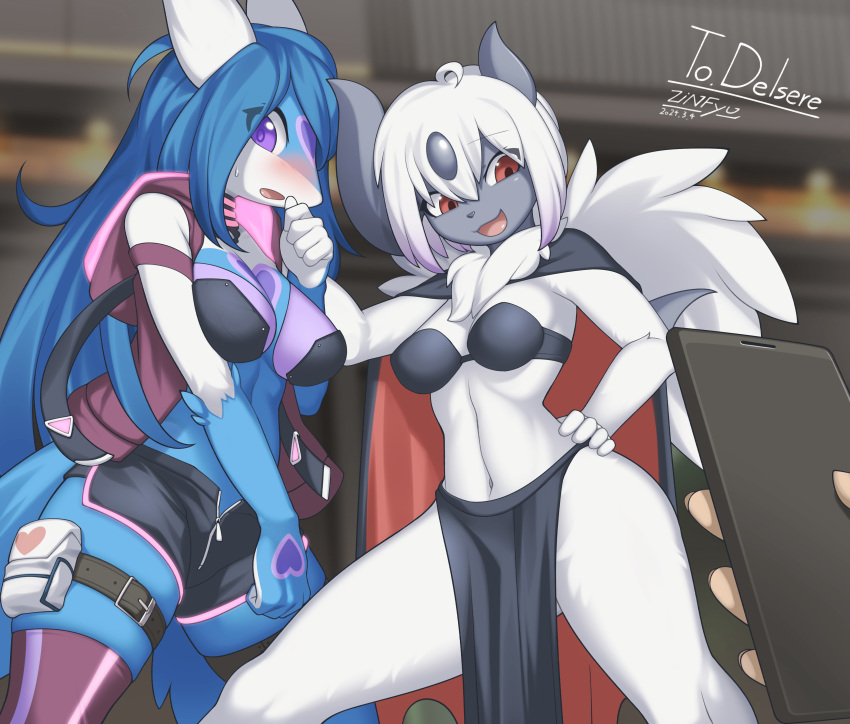 2024 5_fingers absol absurd_res anthro blue_body blue_fur blue_hair blush bottomwear breasts cloak clothed clothing duo electronics female fingers fur generation_3_pokemon hair hand_on_hip hi_res holding_object holding_phone latias legendary_pokemon legwear looking_down navel nintendo offscreen_character open_mouth phone pokemon pokemon_(species) purple_eyes red_eyes shorts standing thigh_highs unzipped unzipped_pants white_body white_fur white_hair wings zinfyu zipper
