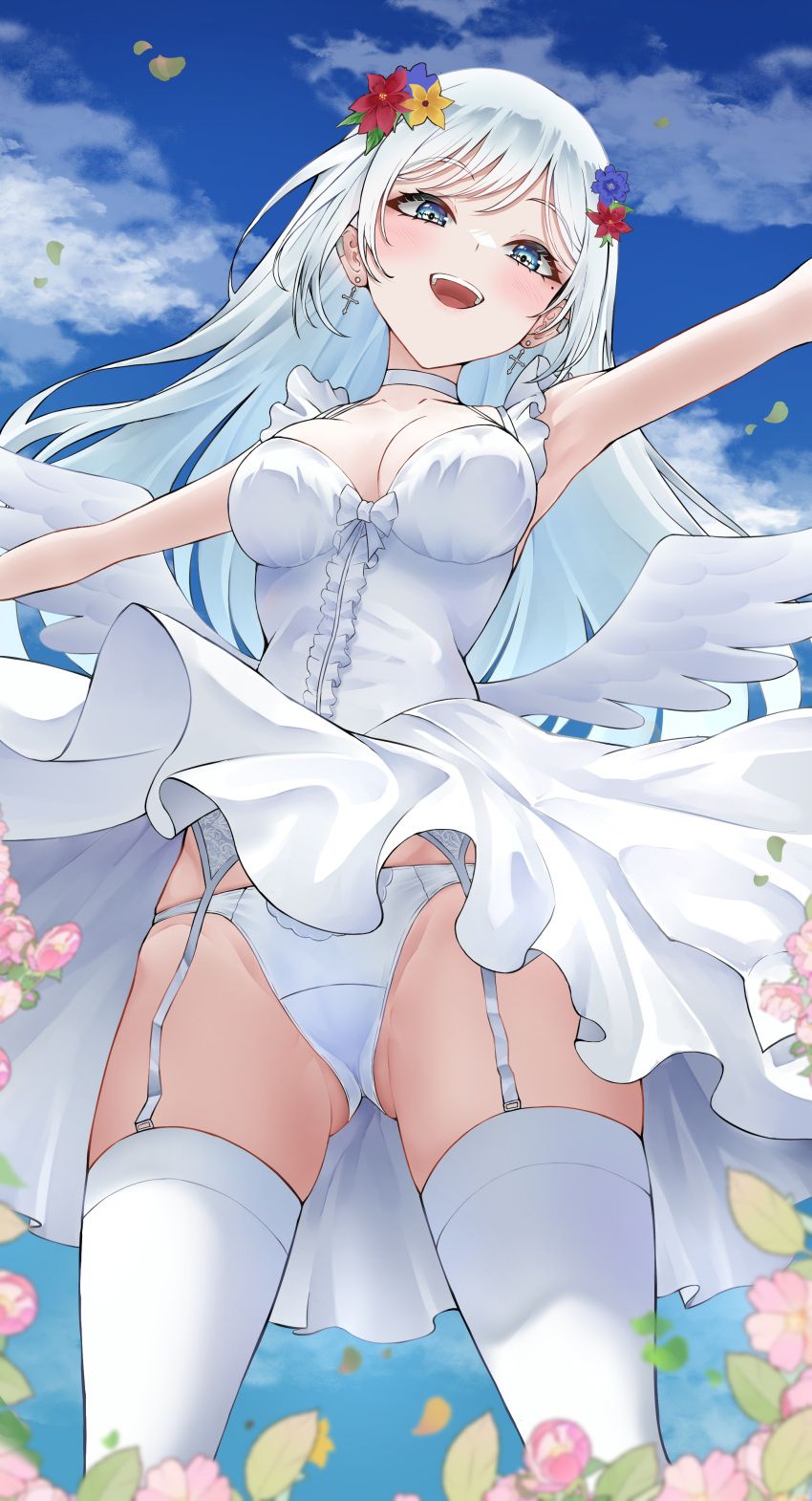 1girl absurdres angel_wings ass_visible_through_thighs blue_eyes blue_flower blue_sky blush breasts choker cloud cloudy_sky cross cross_earrings dress earrings feet_out_of_frame flower garter_straps hair_flower hair_ornament highres jewelry lds_(dstwins97) leaf long_hair looking_at_viewer medium_breasts mole mole_under_eye open_mouth original outdoors outstretched_arms panties pantyshot pink_flower red_flower sky solo teeth thighhighs underwear upper_teeth_only white_choker white_dress white_hair white_panties white_thighhighs wings yellow_flower