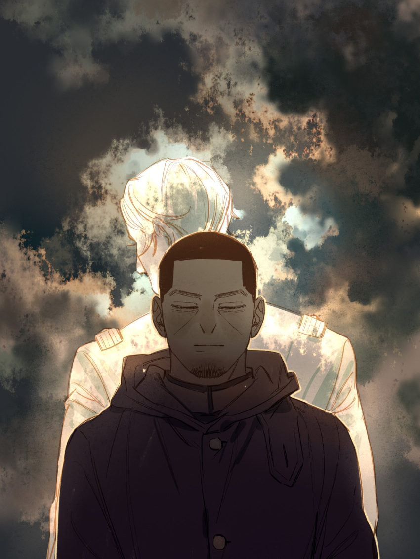 2boys chengongzi123 closed_eyes closed_mouth cloud cloudy_sky facial_hair facing_away facing_viewer goatee_stubble golden_kamuy grey_background grey_sky highres hood hooded_jacket jacket koito_otonoshin male_focus military_uniform multiple_boys short_hair sky spirit stubble tsukishima_hajime uniform upper_body very_short_hair