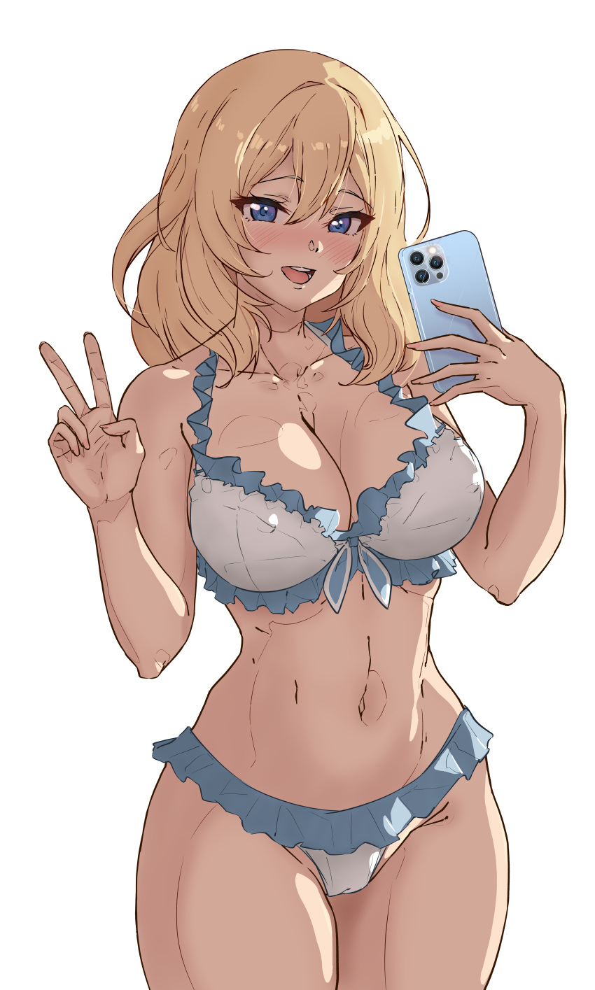 1girl absurdres bikini blonde_hair blue_eyes breasts cellphone cleavage commentary cowboy_shot english_commentary frilled_bikini frills front-tie_bikini_top front-tie_top girls_und_panzer hal_san half-closed_eyes halterneck highres holding holding_phone large_breasts looking_at_viewer medium_hair messy_hair navel open_mouth oshida_(girls_und_panzer) phone simple_background smartphone smile solo standing swimsuit v white_background white_bikini