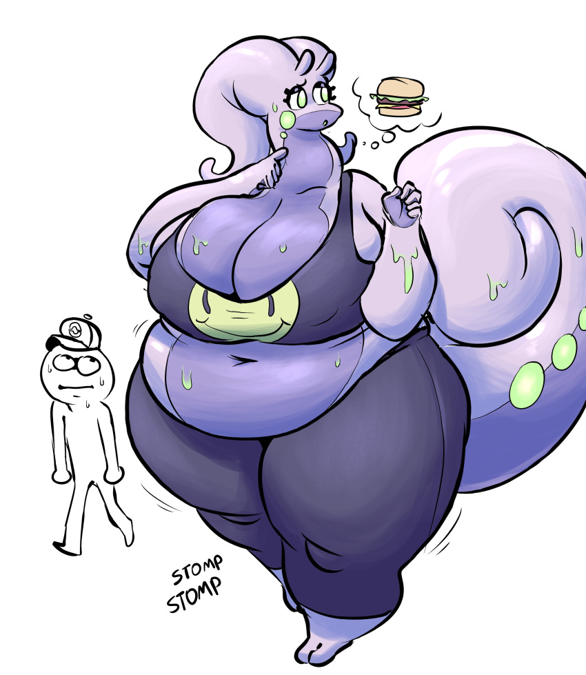 2024 2_toes 5_fingers absurd_res antennae_(anatomy) anthro anthro_focus barefoot belly big_breasts big_tail bottomwear breasts burger cleavage clothed clothing crawdadblues crop_top curled_tail deep_navel dragon dripping duo eyelashes eyeshadow feet female female_focus fingers food full-length_portrait generation_6_pokemon goodra green_eyes hi_res huge_breasts human long_neck looking_aside makeup male mammal midriff mythological_creature mythological_scalie mythology navel nintendo nipple_outline pants pokemon pokemon_(species) portrait purple_body scalie shirt slime solo_focus standing tail thick_thighs thought_bubble toes topwear walking
